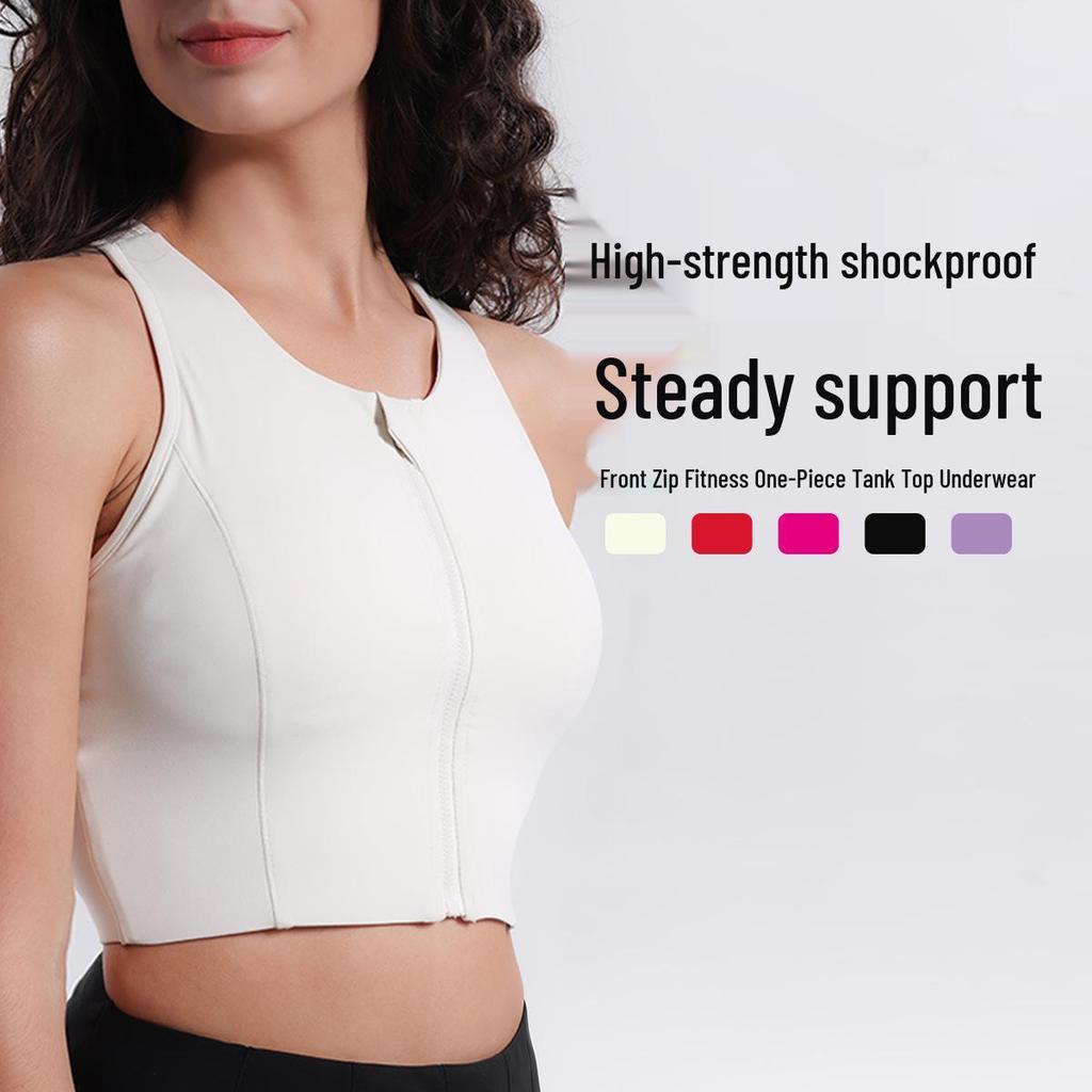 High-Impact Lycra Sports Bra with Front Zipper and Fixed Cups