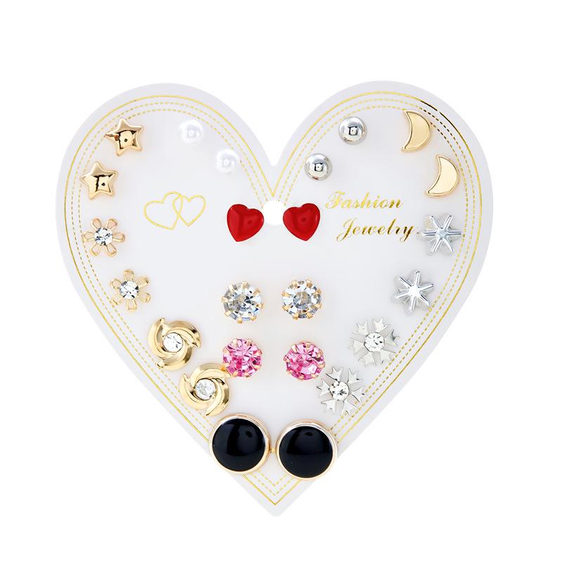 12-Pair Rhinestone Stud Earrings Set: Flower, Heart, Star & Moon Designs