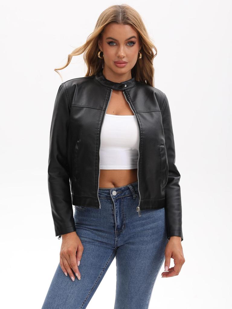 Women's Spring/Autumn Stylish Leather Jacket - European & American Stand-up Collar Biker Coat