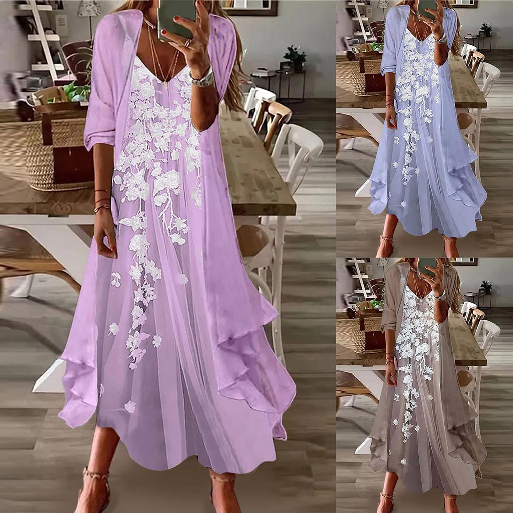 Women's Casual Fashion Print V-Neck Two Piece Set 2022 Summer Maxi Dress