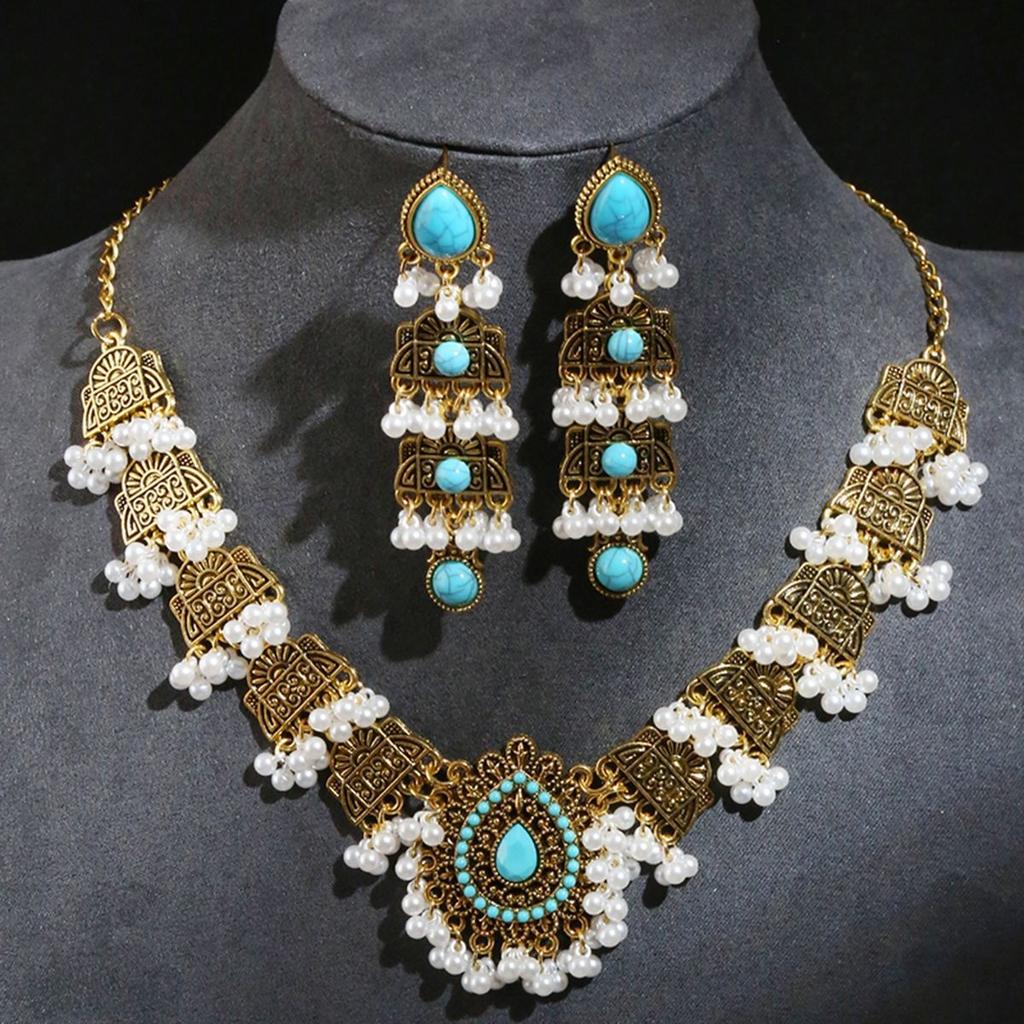 2025 New Design Vintage Ethic Style  Necklace Earring  Sets  Pearl Water Drop Shaped Tassel Bridal Sets