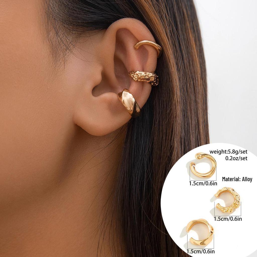 European & American Style Glossy Metal Water Drop Ear Clips: Geometric Pleated Circle Stud Earrings & Ear Cuffs.