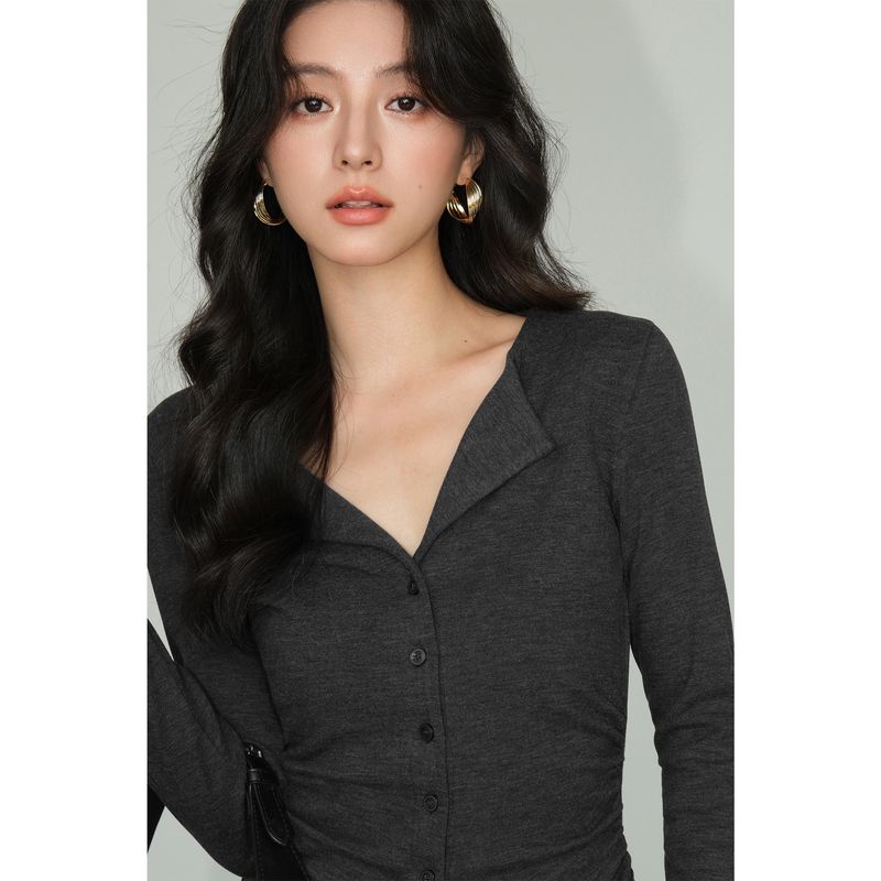 

Neva Hu Gray V-neck Long Sleeves Knitwear Women s Spring Slim-Fitting Slimming Inner Stylish Bottoming Shirt Tops The second batch of deep flower Ash M