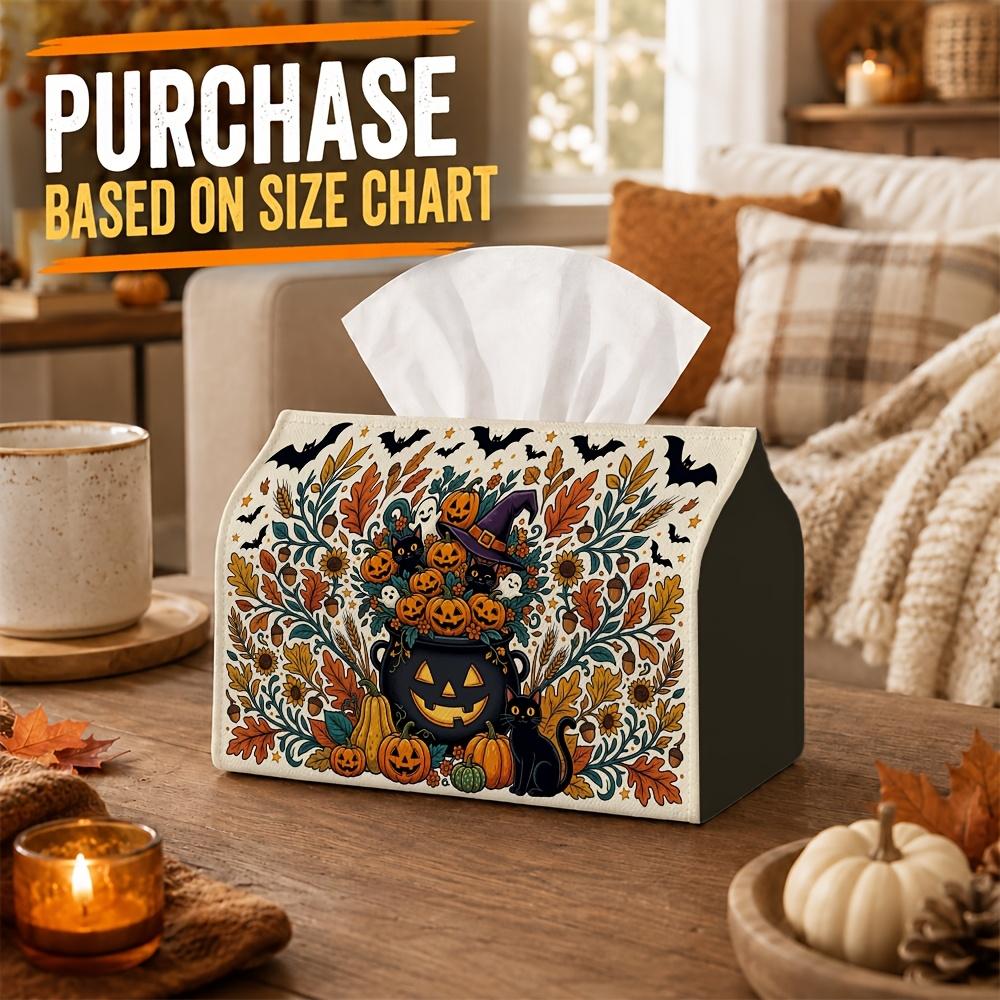 1pc Rustic Autumn Halloween Tissue Box, Pumpkin Cat Cauldron Maple Leaf High-Quality, Waterproof, Durable, Lightweight, Foldable Storage, Ideal for Li