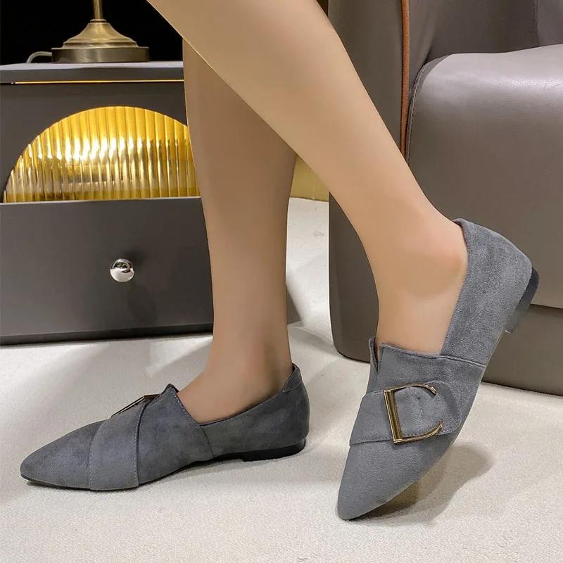 Fashion Women's Flats Shoes Black Velvet Office Lady Pumps Fashion Pointed-toe Belt-buckled Thin Shoes Large Size Loafers Casual Shoes