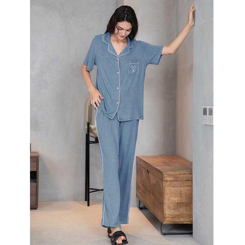 Women's Modal Rayon Pajamas Cardigan Striped Homewear Love Pockets Long Pants Casual Pajama Set