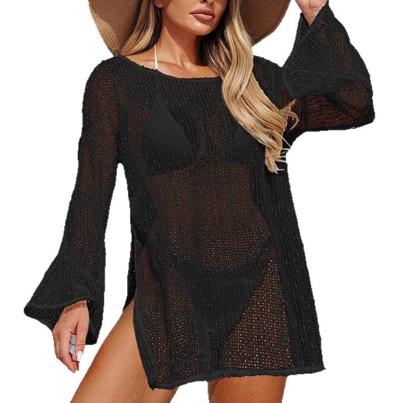 Side-slit Loose Solid Color Pullover Knitted Cut-out See-through Sexy Beach Sun Protection Bikini Blouse