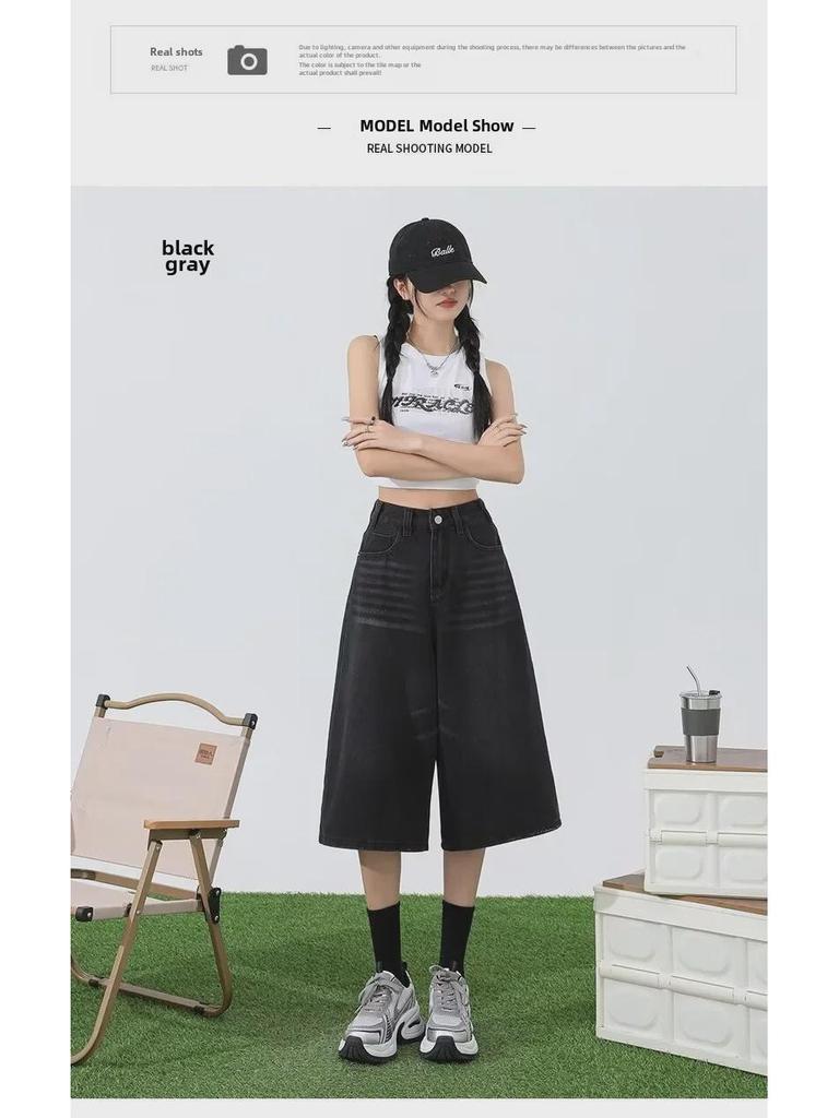 Women's Black Washed High Waist Wide Leg Denim Shorts - Summer Trend