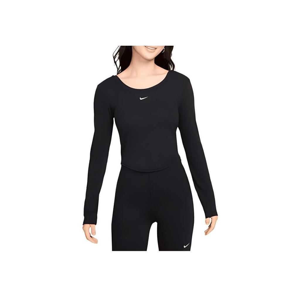 Nike Solid Color Round Neck Short Sports Casual Knit Long Sleeve T-Shirt Women Tops Black FN3662-010