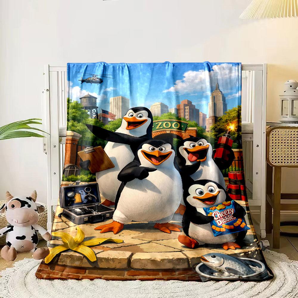 Animated penguins with tools and snacks in front of a zoo and city skyline. for all seasons blanket lunch break throw gift