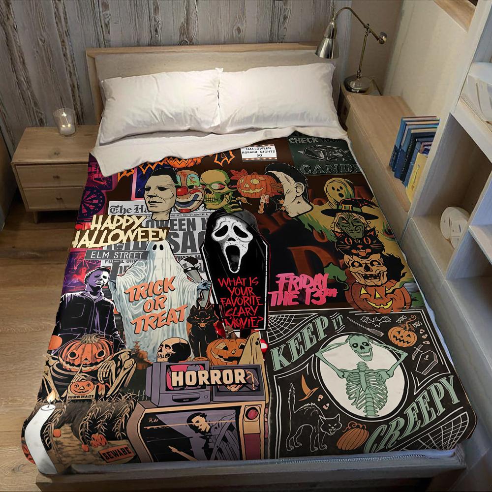 Horror Movie Halloween Flannel Blanket Warm Soft Halloween Christmas Couch Warm Cozy Decorative Decor Gift for All Season