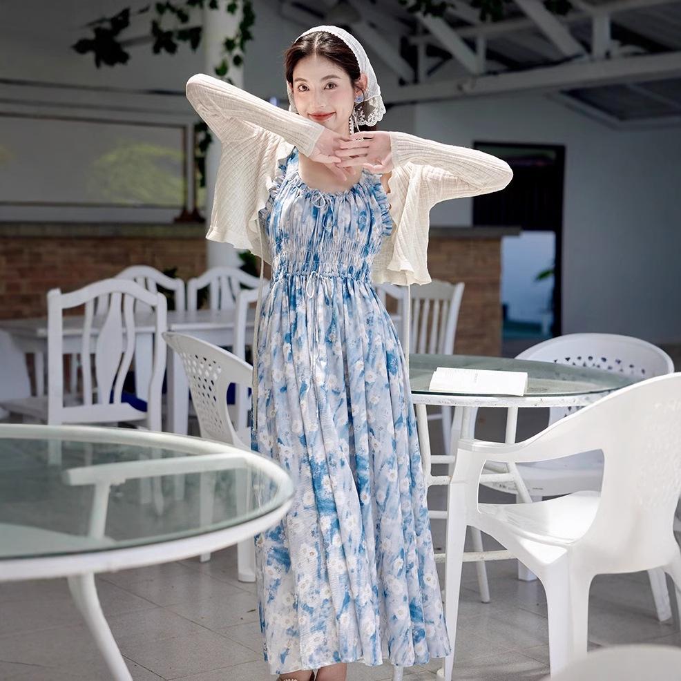

Pastoral Floral French Oil Painting Spaghetti Strap Maxi Dress S
