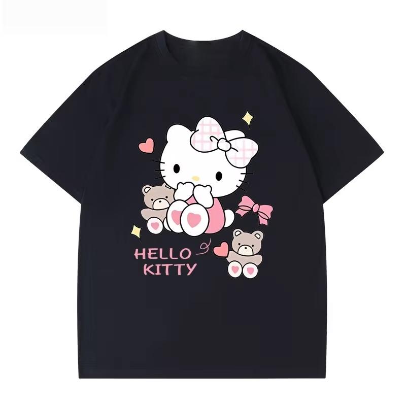 2026 Summer HelloKitty Cartoon Graphic Tee Casual Short Sleeve Cotton Tops for Adults Kids Lovely Kawaii Streetwear Style