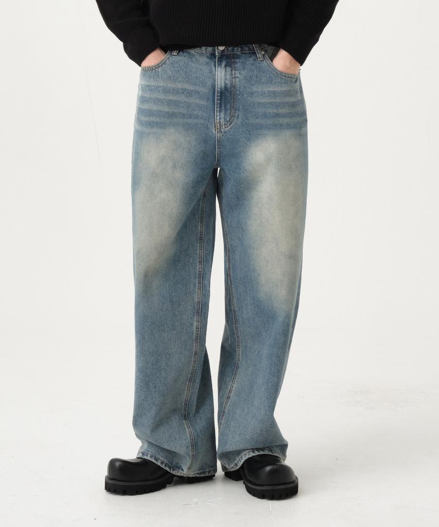 Akeusi Loose Washed Balloon Fit Wide Denim Pants Unisex (Vintage Blue)