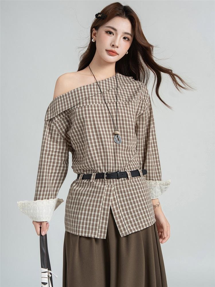 

с длинным рукавом, больших размеров, сексуальный, с открытыми плечами, в клетку, повседневный, весенне-осенний, топы-футболки, женская футболка XL кофейный