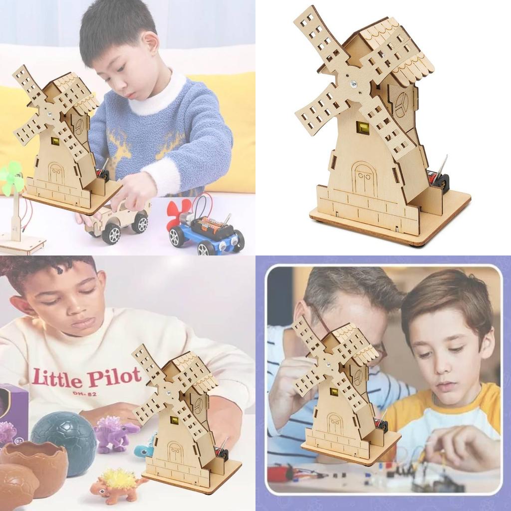 Individuell gestaltbares elektrisches Windmühlenhaus aus Holz – DIY-STEM-Lernspielzeug für Schüler