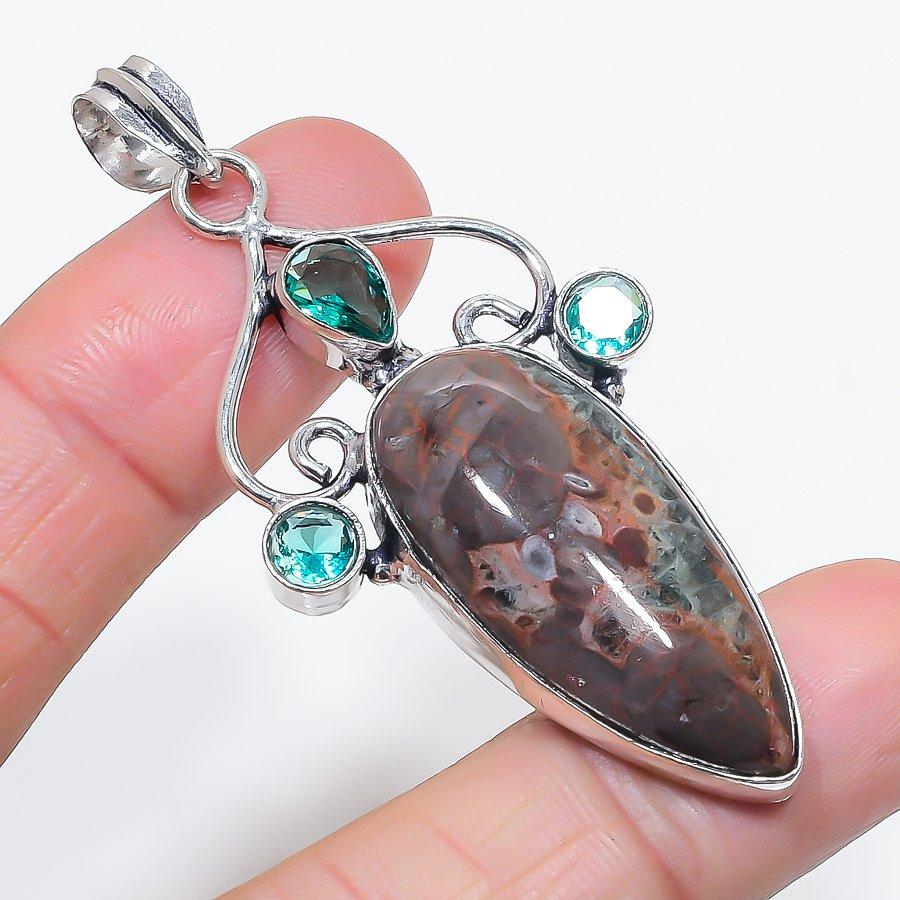Natural Mud Crack Fossil, Topaz 925 Sterling Silver Jewelry Pendant 2.64" W2h79