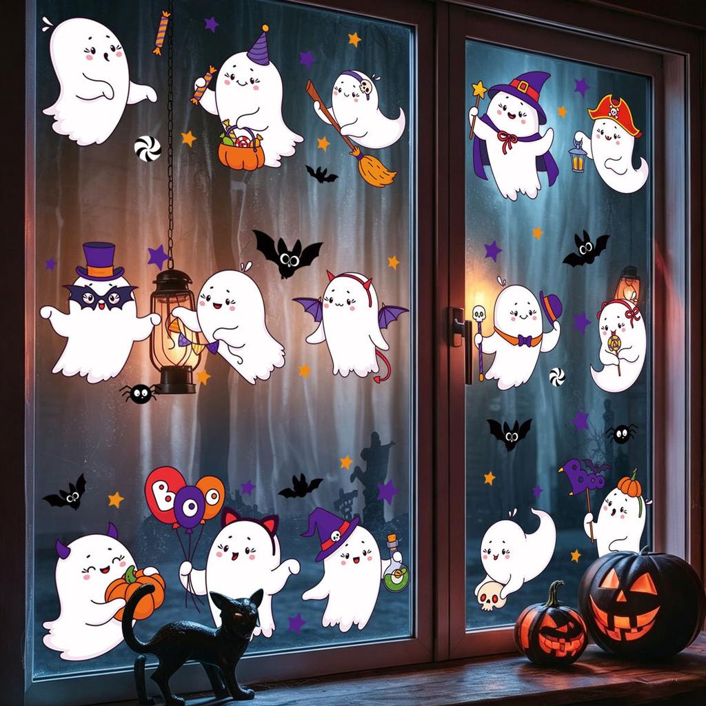 Q Version Cute Ghost Theme Window Stickers PVC Static Cling Halloween Decor for Home Living Room Party Decoration