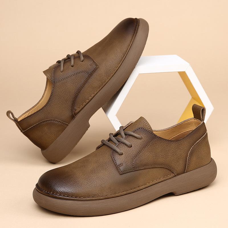 Men's Shoes Spring New Wide Head Genuine Leather Men's Shoes Breathable Trendy Retro Casual Leather Shoes Men