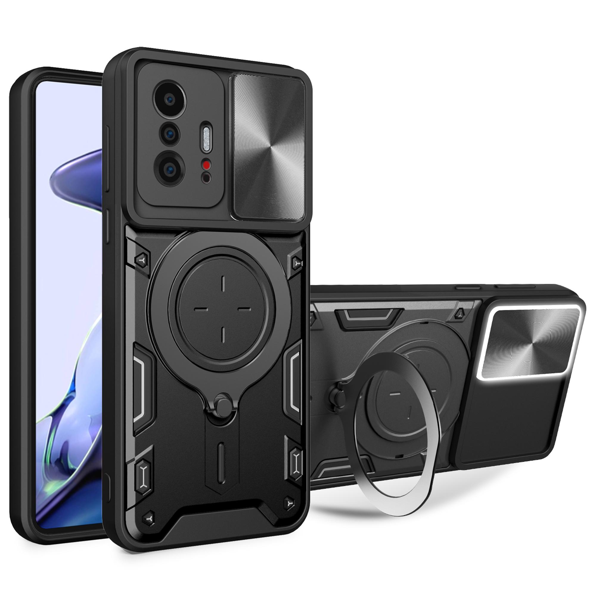 

For Xiaomi 11T 5G/11T Pro 5G PC+TPU Cover with Slide Camera Lid Ring Kickstand Anti-drop Phone Case Black