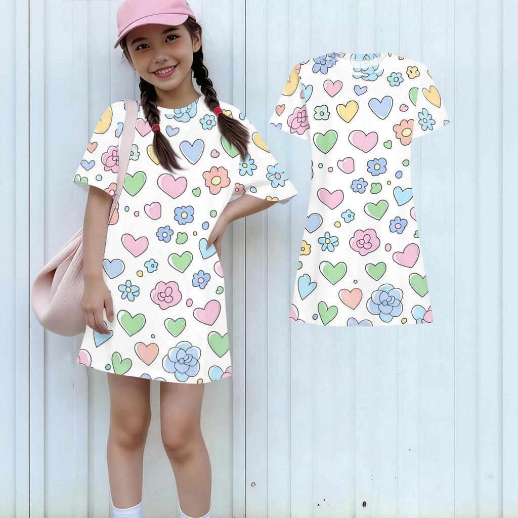 Girls Print Casual Dress Kids Loose Round Neck Short Sleeve Thin Sundress