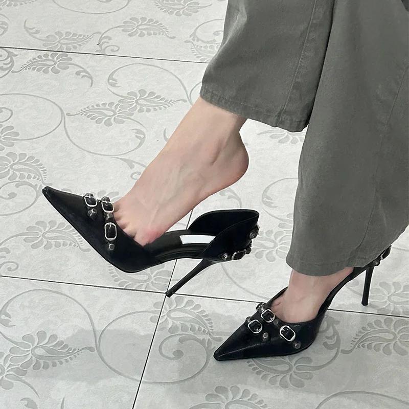 

2025 Spring New Pointy Stiletto Riveted High Heels Women s Sense of Fashion Punk Style Single Shoes 35 чёрный
