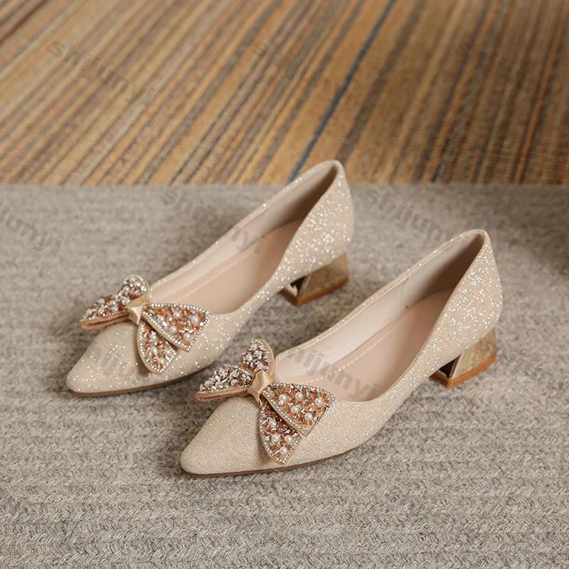 Fashion Women's Summer Pointed Toe Thick Heel 2025 New Bowknot Rhinestone Shallow Mouth Large Size Slip On Low Heels Women's Shoes