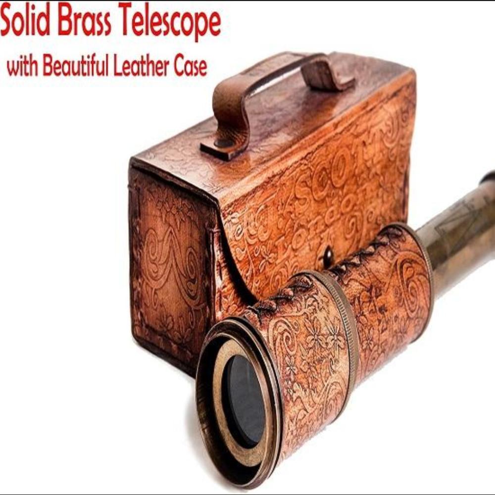 Brass Engraved Telescope - 40.64 Cm with Stamped Leather Case