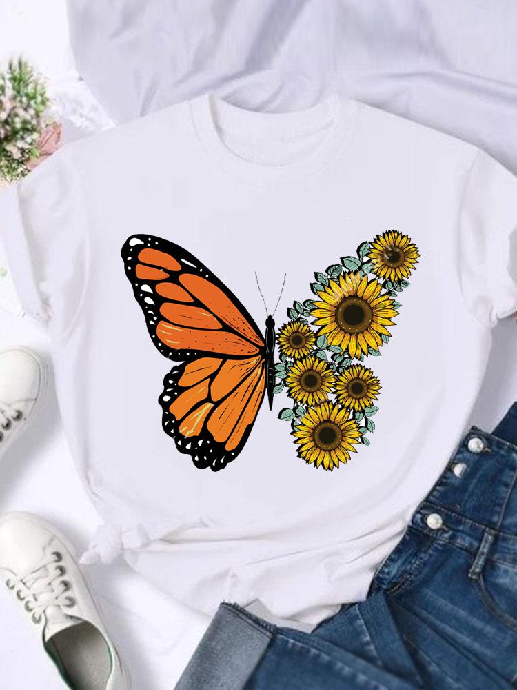 Kortärmade T-shirts Dam T-shirt Tryck Sommar Tecknad Fjäril Trend Söt Skjorta Dam Grafisk T Topp T-shirt Mode Kläder