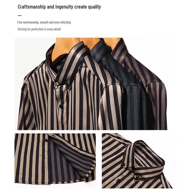 ROMON Men's Slim Fit Striped Non-Iron Casual Long Sleeve Shirt