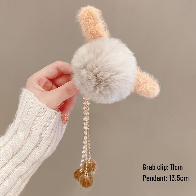 Korean Style Plush Bow Hair Clip with Tassel - Autumn/Winter Women's Hair Accessory