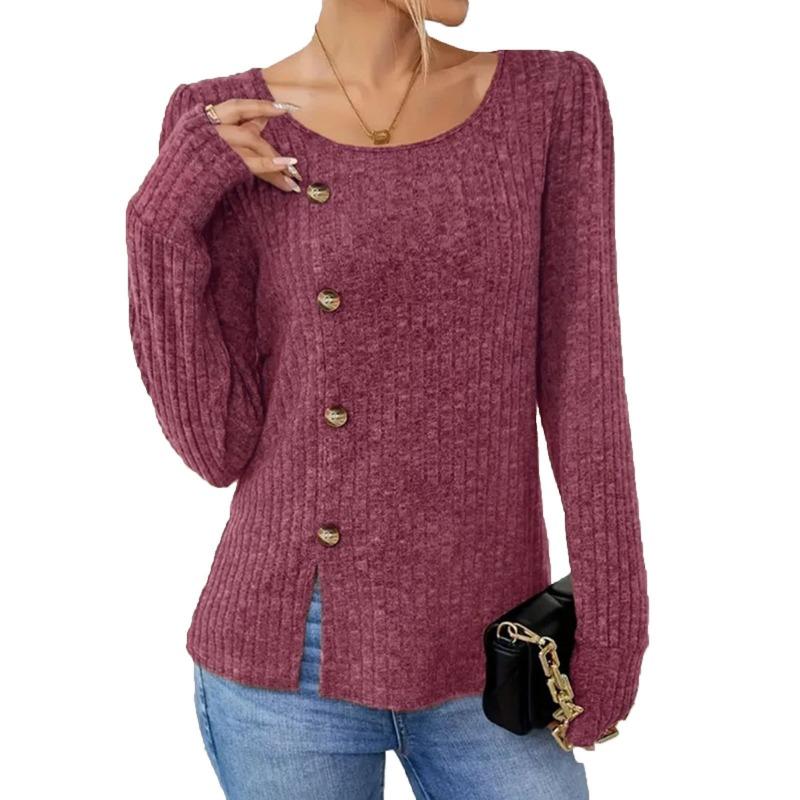 Autumn Winter Solid Color Round Neck Button Long Sleeved Loose T-shirt Top for Women Shirt