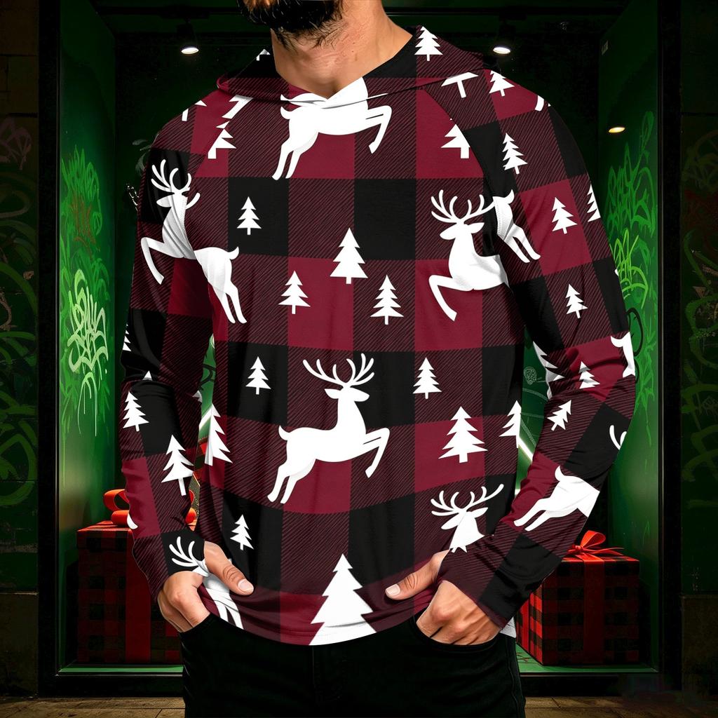 Men's Long Sleeve Hooded Sun Shirt with Christmas Print