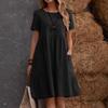 Summer European and American Retro Loose Pocket Solid Color Round Neck Women's Cotton and Linen Dress