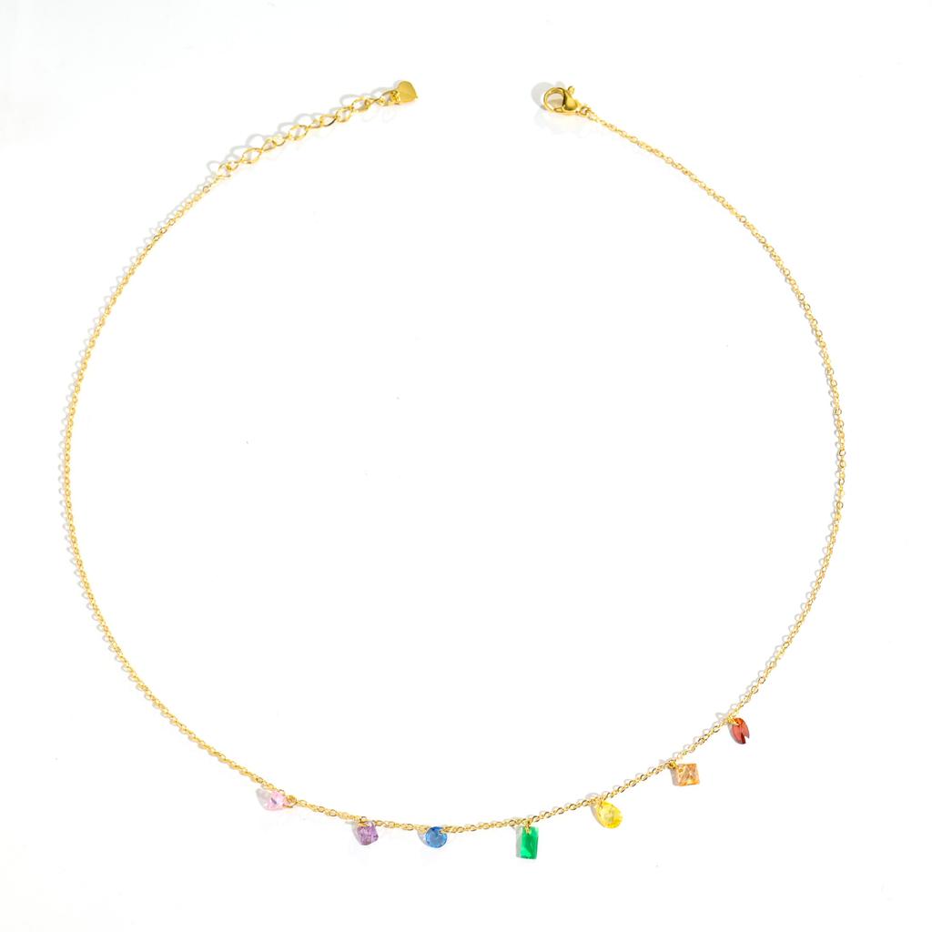 Full Diamond Necklace, Colored Gemstone Necklace, Stacked Temperament Titanium Steel 18K Gold Zircon Necklace Does Not Fade Women