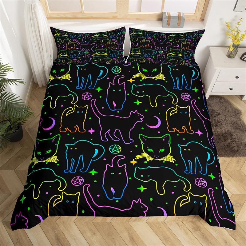 Cute Halloween Cat Duvet Cover Mystery Castle Bedding Set For Kids Teen Microfiber Misty Forest Bat Quilt Cover Queen Bedclothes