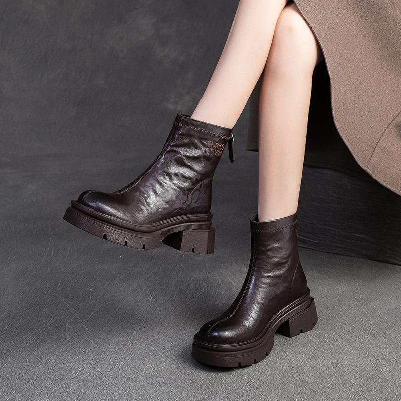 Fashion GKTINOO Genuine Leather Ankle Boots Women Shoes 2025 New Autumn Winter Round Toe Square Heel Zip Handmade Leisure Women Boots
