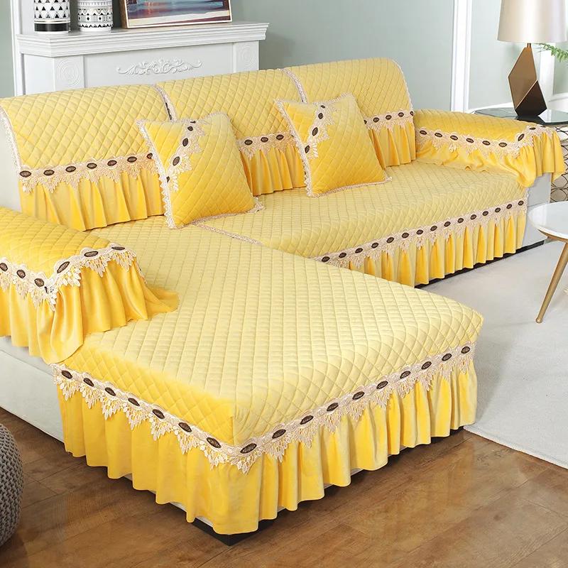 Plyšový potah na pohovku Evropský styl Moderní Protiskluzový Přehoz Potah na pohovku do obývacího pokoje Krajková dekorace Polštář na pohovku ve tvaru L