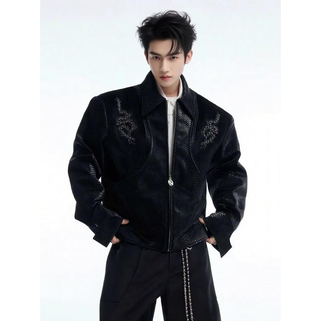 ins Harajuku temperament popular literature lazy trend simple new snake skin pattern embroidery rivet splicing leather jacket