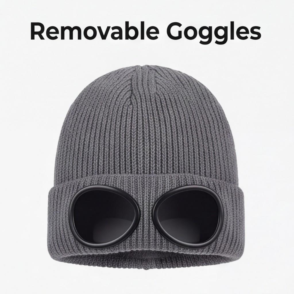 Unisex Goggle Knitted Beanie Hat with Removable Glasses Thick Fleece Lined Windproof Warm Winter Skull Cap for Outdoor Skiing Snowboarding