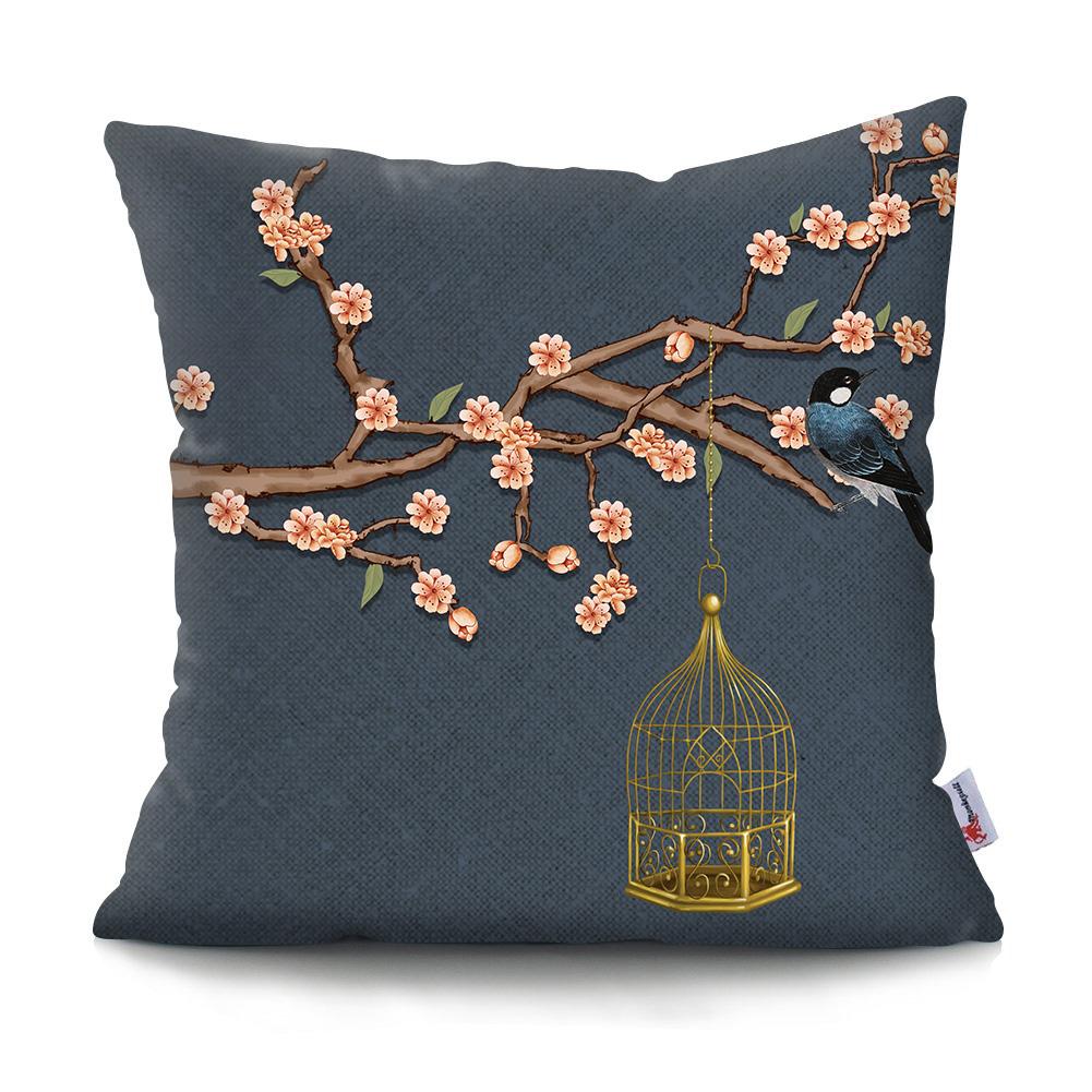 Square Chinese Landscape Painting Cushion Cover Vintage Plum Blossom Pillowcase