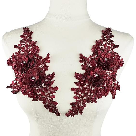 1 Pair Lace Flower Applique Beaded Rhinestones Sew On Embroidered Patches Applique Décor for Wedding Dress DIY Sewing Craft Decoration, Black 9.2 x