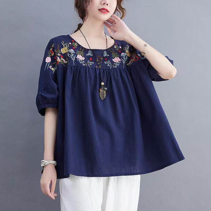 Summer New Cotton and Hemp Embroidered Doll Shirt Women's Loose Retro Lantern Sleeve Aging Top