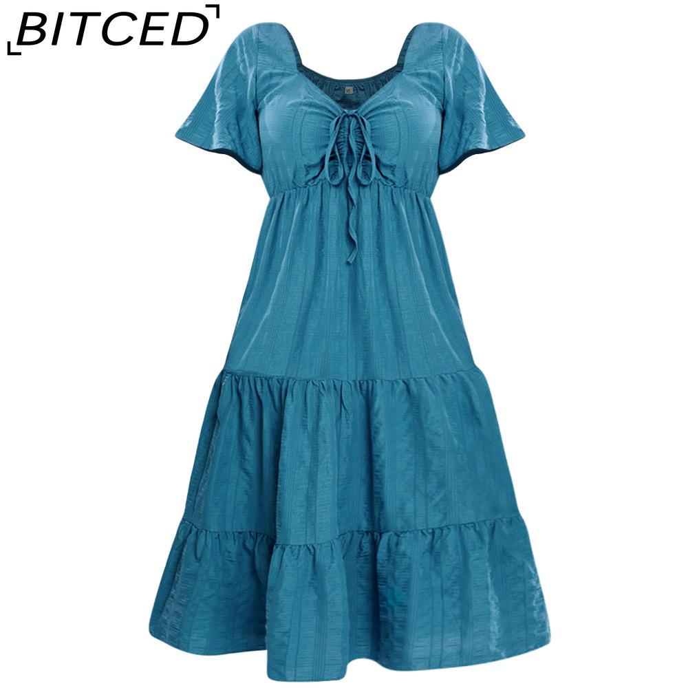 BITCED V-Neck High-Waisted Long Dress Short-Sleeve Plus Size Dress