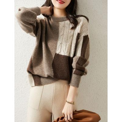 Damen Herbst und Winter Halbhoher Kragen Colorblocking Strickpullover Lockerer Rundhals Twist Pullover