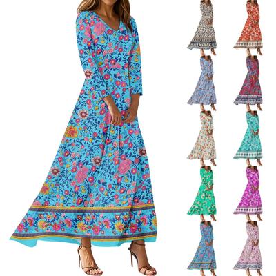 Dresses For Womens Vintage Tunic Waisted Midi Dress Summer Casual 3/4 Sleeve Dress