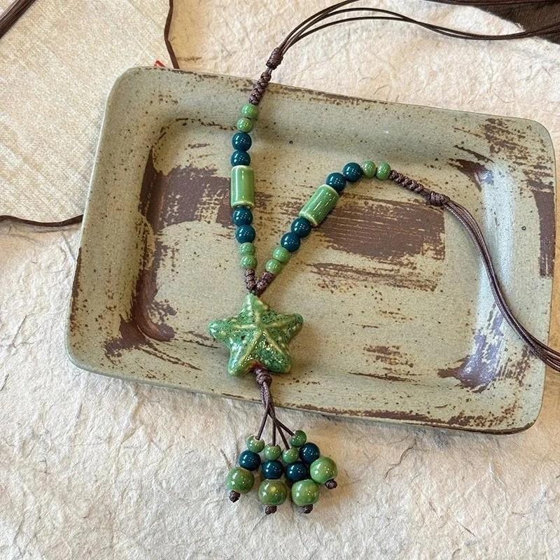 

1PC ethnic style star ceramic necklace sweater chain retro cotton and linen clothes accessories bohemian style travel vacation accessories зелёный