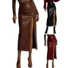 Midi Skirt High Waist Artificial Leather Hip Skirt with Slit Design Pure Color Slimming Fit Office Lady Skirt Work Leisure Daily Wear