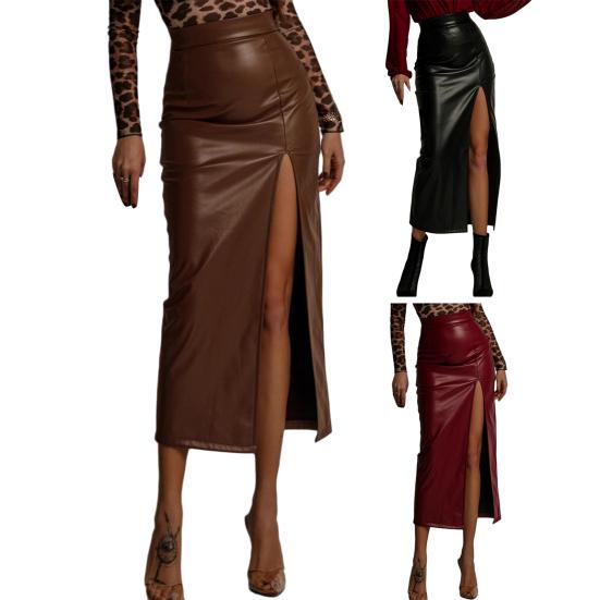 Midi Skirt High Waist Artificial Leather Hip Skirt with Slit Design Pure Color Slimming Fit Office Lady Skirt Work Leisure Daily Wear