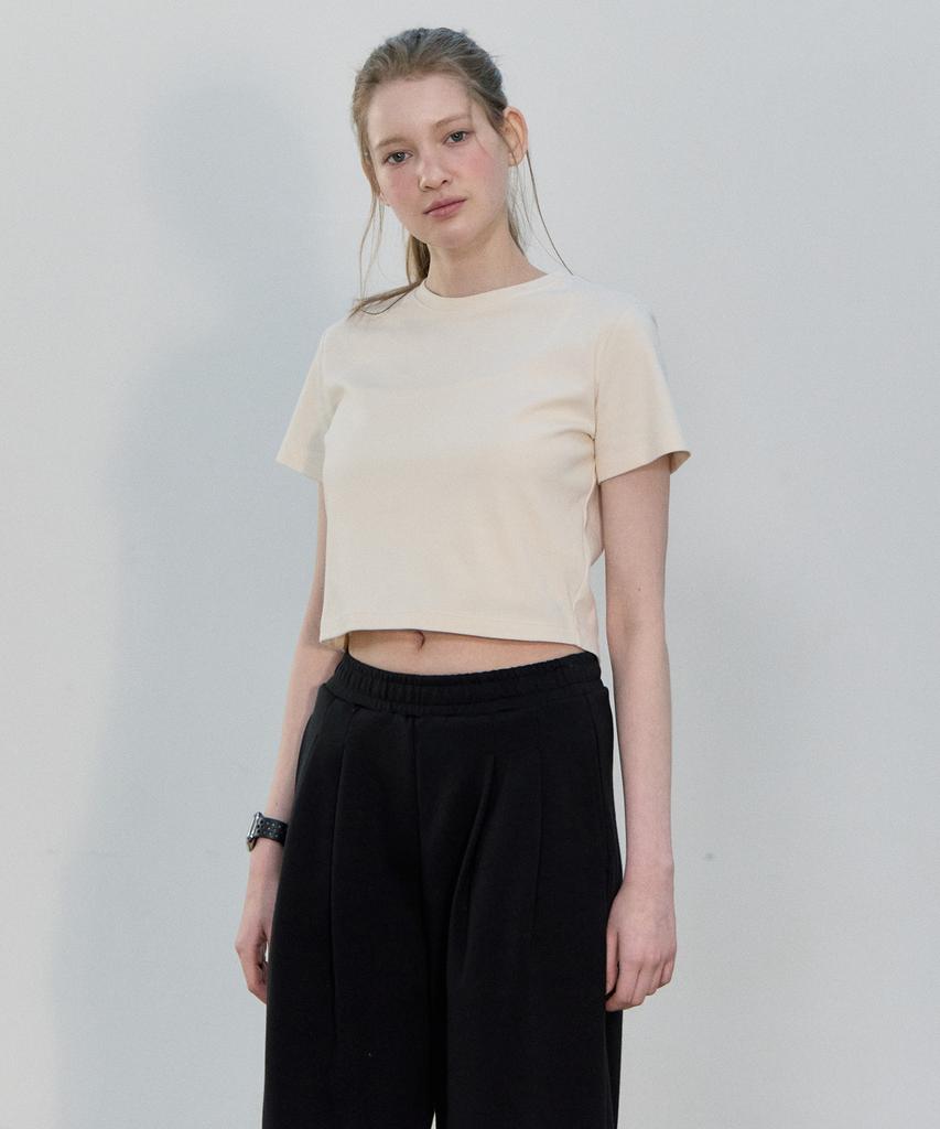 BASIC HOUSE Women'S Round Crop Short Sleeve T-Shirt Cream Lats0202